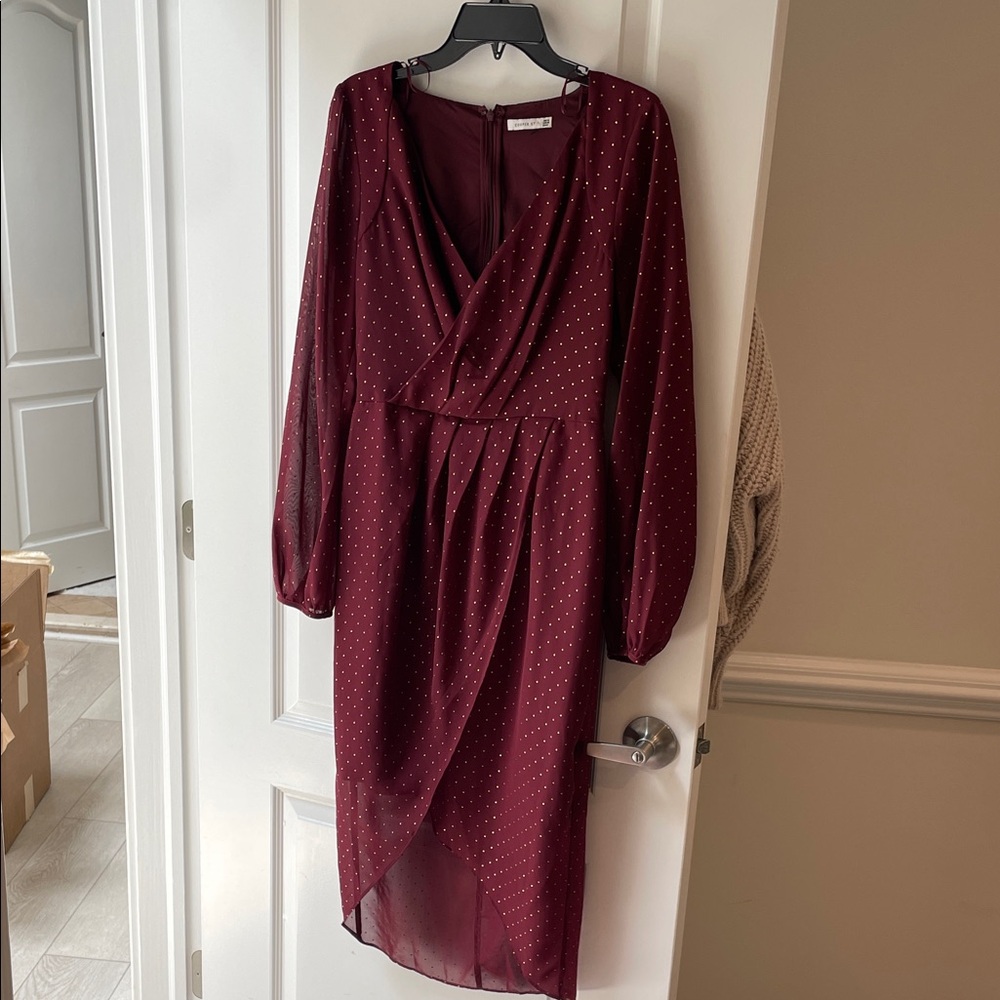 Woven V-Neck Burgundy Polka Dot Wrap Dress